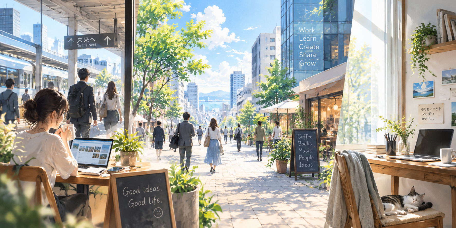 街と仕事場がつながる明るい風景。人々がそれぞれの場所で学び、働き、創作している